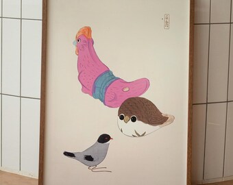 Whimsical Bird Minimal Print, Japanese Toy Inspired Wall Art, Playful Animal Poster