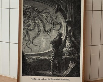 Captain Nemo Octopus Print – Jules Verne Nautilus Poster, Vintage 20,000 Leagues Under Sea Art