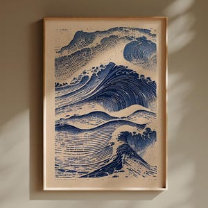 Linocut Japanese Wave Print – Japandi Art Poster, Modern Minimalist Japan Wall Decor