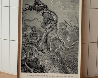 Jules Verne Octopus Battle Print: 20,000 Leagues Under the Sea Art