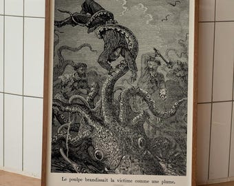 Jules Verne Octopus Battle Print: 20,000 Leagues Under the Sea Art