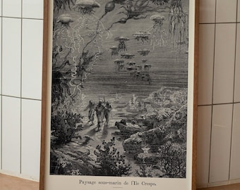 20,000 Leagues Under the Sea Jules Verne Poster: Walk under Crespo island, Vintage Nautilus Print