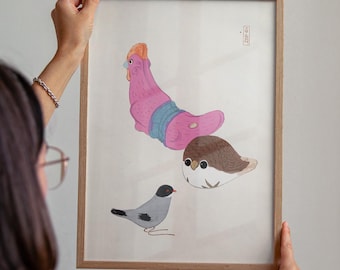 Japanese Bird Art Print: Vintage Wood Toy Illustration