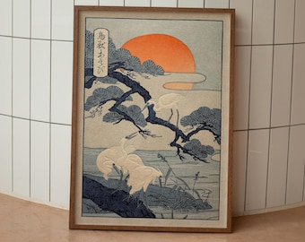 Cranes at Sunrise Print: Minimalist Japandi Wall Art