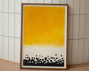 Minimalist Sunburst Art Print: Yellow Gradient, Black Shapes