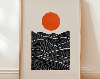 Japanese Sun and Waves Art Print: Minimalist Japandi Decor