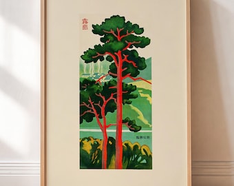 Vintage Japanese Tree Poster – Japandi Wall Art Print, Red Pine