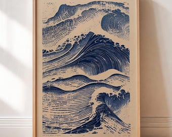 Linocut Japanese Wave Print – Japandi Art Poster, Modern Minimalist Japan Wall Decor