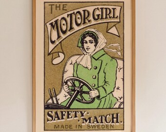 Motor Girl Vintage Matchbox Label Print, Woman Driver Retro Wall Art, Motoring Poster
