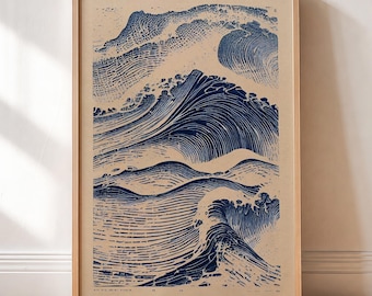 Linocut Japanese Wave Print – Japandi Art Poster, Modern Minimalist Japan Wall Decor
