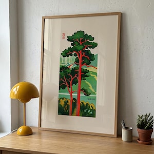 Póster vintage de pino japonés – Lámina decorativa botánica japonesa para sala de estar