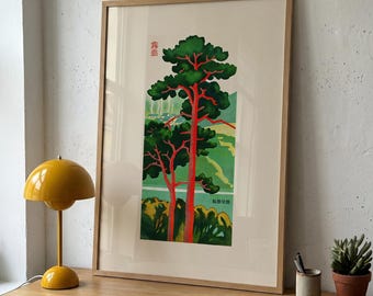 Vintage Japanese Pine Poster – Japandi Botanical Wall Art Living Room Print