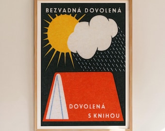 Vacation With a Book Vintage Matchbox Label Print, Retro Holiday Wall Art, Reading Poster
