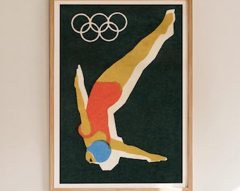 Diving Matchbox Label Print, Vintage Sports Wall Art, Retro Olympic Diver Poster