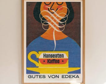 Vintage Coffee Matchbox Label Print, Hanseaten Kaffee Retro Wall Art, Colorful Advertising Poster