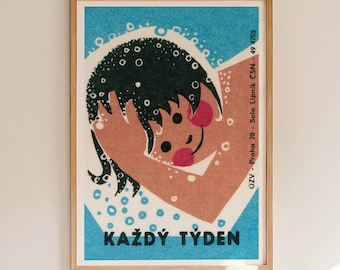 Woman Washing Hair Vintage Matchbox Label Print, Retro Bathroom Wall Art, Blue Graphic Poster