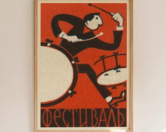 Drummer Vintage Matchbox Label Print, Retro Music Wall Art, Red Black Graphic Poster