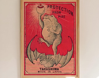 Frog Matchbox Label Print Vintage Fire Protection Wall Art Red Japanese Advertising Poster