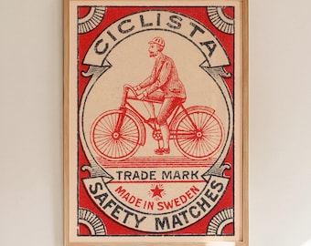 Bicycle Matchbox Label Print, Vintage Cycling Wall Art, Red and Black Retro Advertising Poster