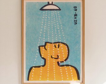Shower Matchbox Label Print, Retro Bathroom Wall Art, Vintage Graphic Poster