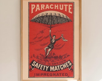Parachute Vintage Matchbox Label Print, Red Retro Wall Art, Safety Matches Poster