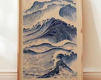 Linocut Japanese Wave Print – Japandi Art Poster, Modern Minimalist Japan Wall Decor