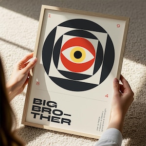 May include: A framed art print featuring a geometric design with a central eye motif in red, yellow, and black. The words "BIG BROTHER" are printed in bold, black letters. The print also includes the phrases "War is Peace, Freedom is Slavery, Ignorance is Strength."