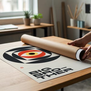 May include: A poster with a geometric eye design in red, black, and yellow, with the words "BIG BROTHER" in bold black letters. The poster is being unrolled from a brown cardboard tube on a wooden table.