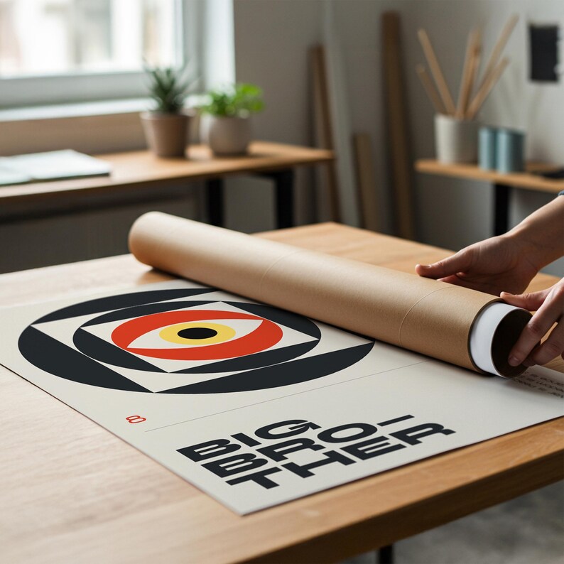 May include: A poster with a geometric eye design in red, black, and yellow, with the words "BIG BROTHER" in bold black letters. The poster is being unrolled from a brown cardboard tube on a wooden table.