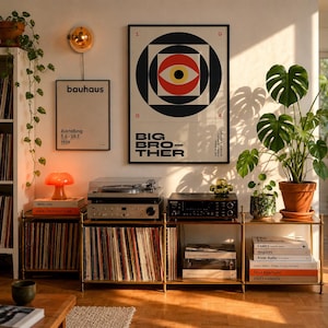 May include: A room with a mid-century modern aesthetic. A framed "Big Brother" poster hangs above a stereo system and vinyl record storage. A "Bauhaus" poster is also displayed. An orange mushroom lamp sits on a stack of books. A large potted plant is on the right.