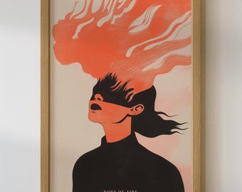 Woman on Fire Art Print, Abstract Female Portrait, Burning Hair Wall Art, Minimalist Poster