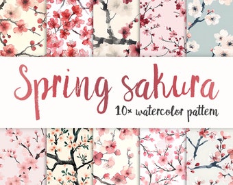 Spring floral sakura digital print, sublimation file, scrapbooking, print, watercolor spring background, 10 designs, floral pattern, pink