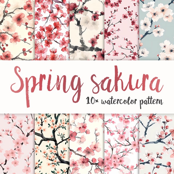 Spring floral sakura digital print, sublimation file, scrapbooking, print, watercolor spring background, 10 designs, floral pattern, pink