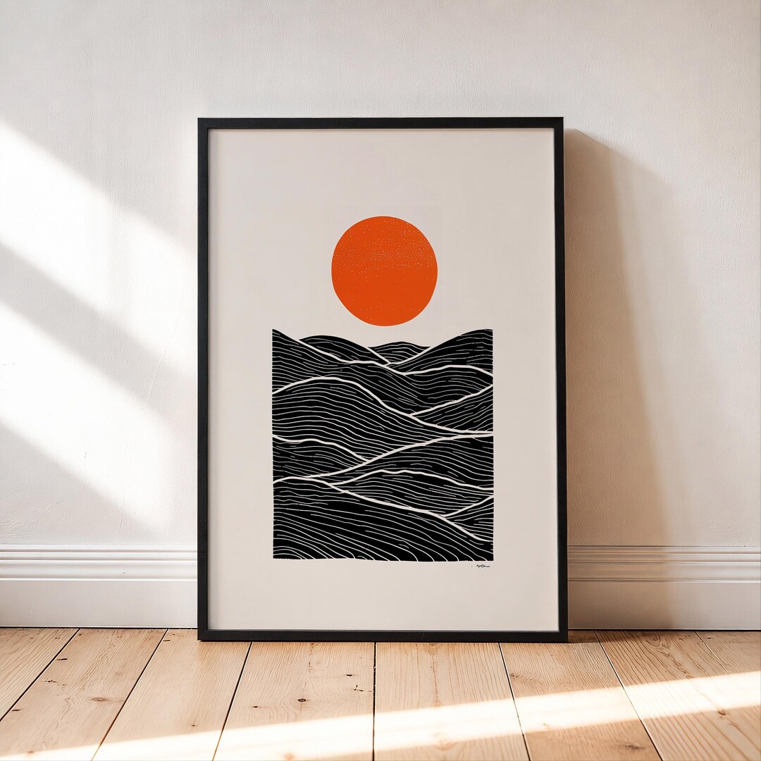 Minimalist Mountain Landscape Poster With Sun, Japanese Style Wall Art ...