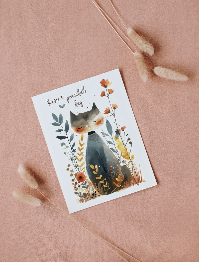 Cute Gift Postcard, Printable Card, Instant Download, cat card, watercolors