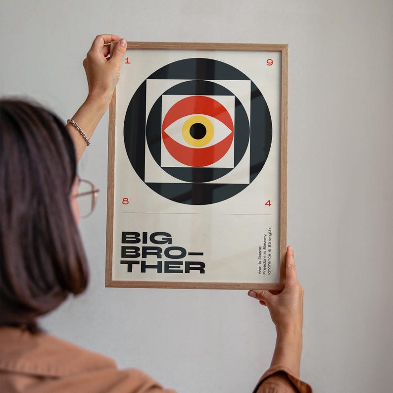 May include: A framed poster with a geometric design featuring a red and yellow eye in the center. The poster has the words "BIG BROTHER" in bold black letters. The poster is being held up by a person.