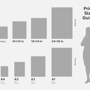 May include: Print size guide with US and EU sizing. Displays rectangular print sizes in inches and centimeters, including 8x10 in, 11x14 in, 16x20 in, 18x24 in, and 24x36 in. A silhouette of a person is shown next to the guide, with a height of 5 ft 5 in.