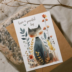 Have a Peaceful Day Greeting Card, cat, meadow, watercolors