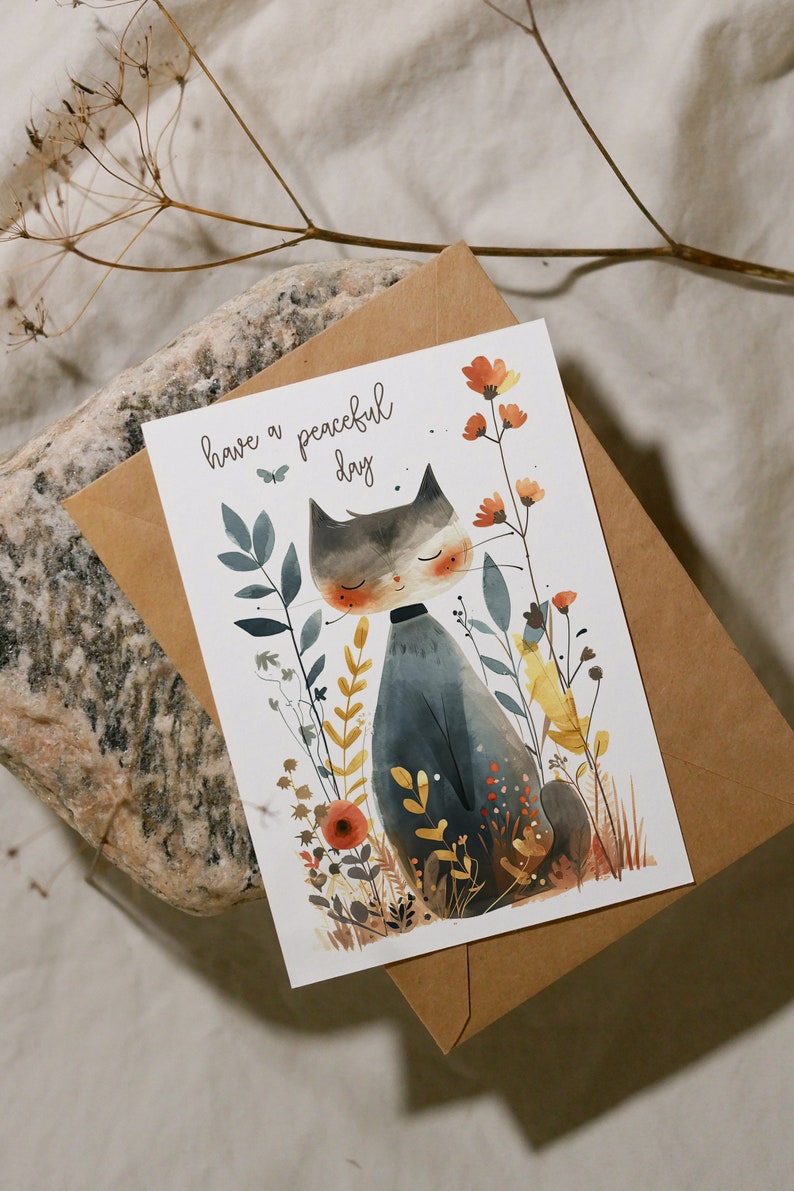 Have a Peaceful Day Greeting Card, cat, meadow, watercolors