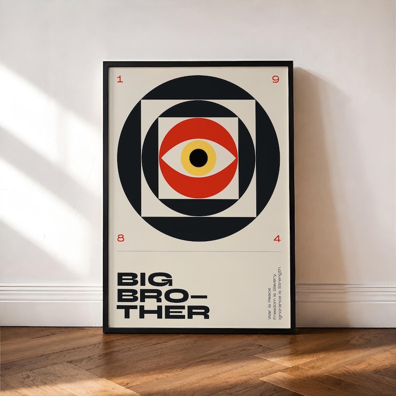 May include: A framed poster with a geometric design featuring a red and yellow eye within black circles and a white square. The words "BIG BROTHER" are printed in bold black letters, with the numbers 1, 9, 8, and 4. The text "War is Peace, Freedom is Slavery, Ignorance is Strength" is also present.