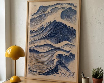 Linolschnitt Japanische Welle - Japandi Kunst Poster, moderne minimalistische Japan Wanddekoration