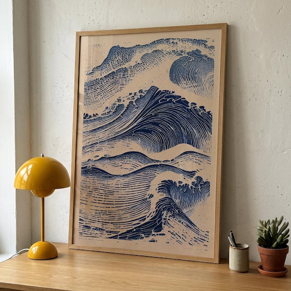 Stampa artistica a onde – Poster in linoleografia giapponese, decorazione murale moderna e minimalista in stile giapponese.