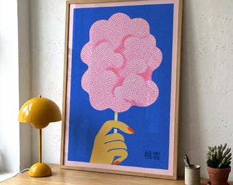 Funky Pink Cotton Candy Art Print, Sugar Cloud Poster, Blue Yellow Surreal Wall Decor