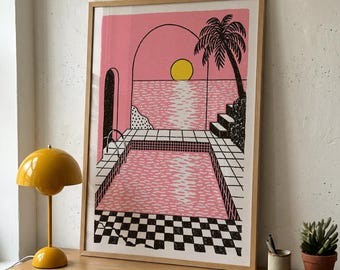 Pink Poolside Poster – Summer Wall Art Print, Coastal Pool Illustration
