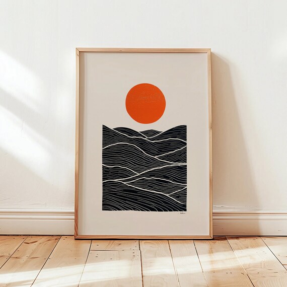 Japanese Sun and Waves Art Print: Minimalist Japandi Decor