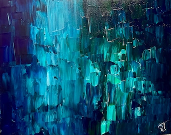 青と緑のアクリル画で描いた抽象的な高滝 - Etsy 日本