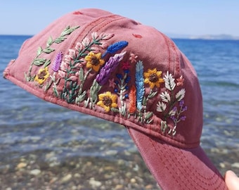 Hand Embroidered Floral Baseball Cap, Vintage Rose Denim
