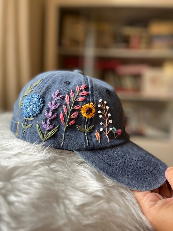 Hand Embroidered Floral Denim Cap, Vintage Style Baseball  display picture 1
