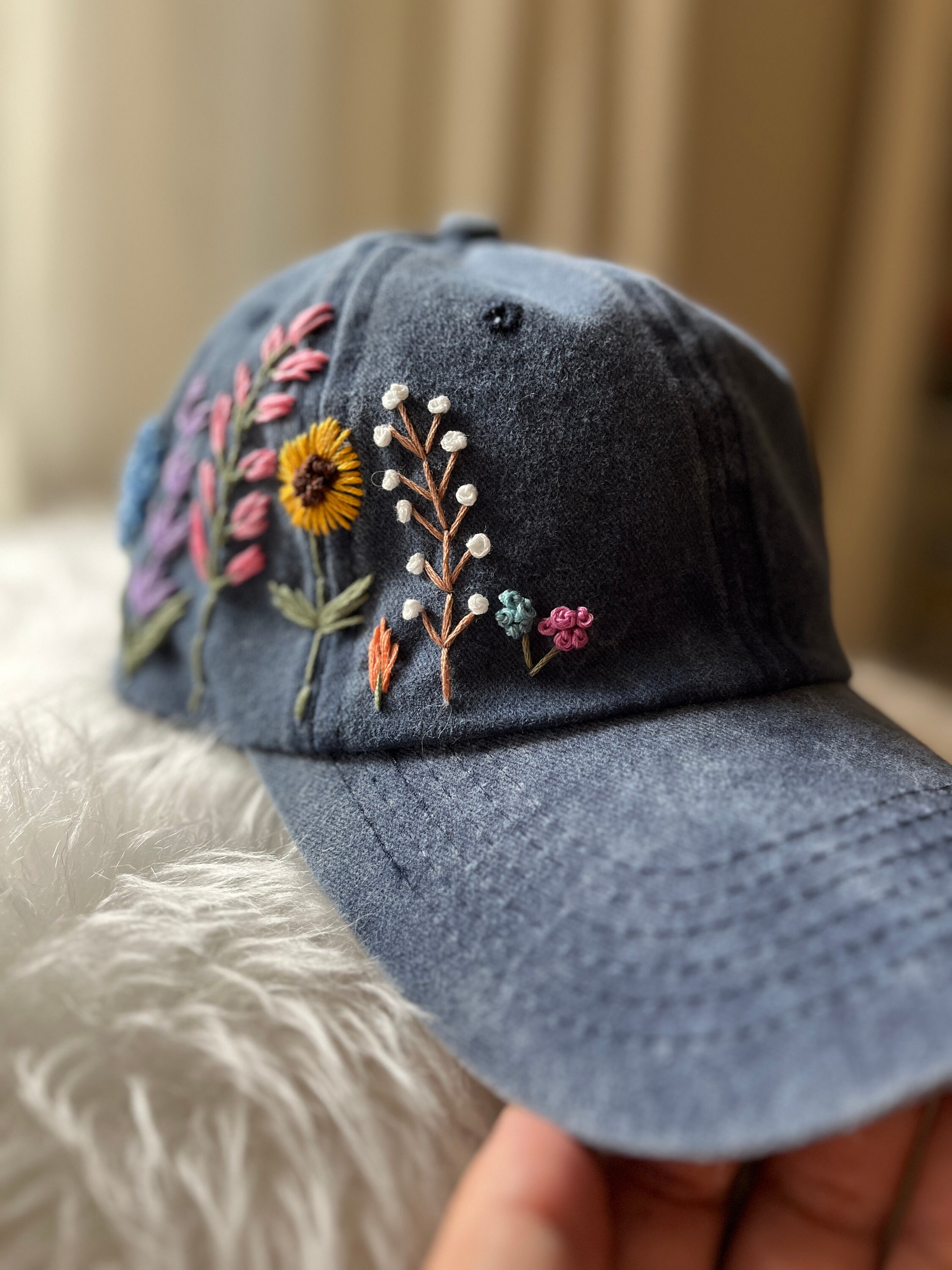 Hand Embroidered Cap, Vintage Embroidery Baseball Hat, Floral