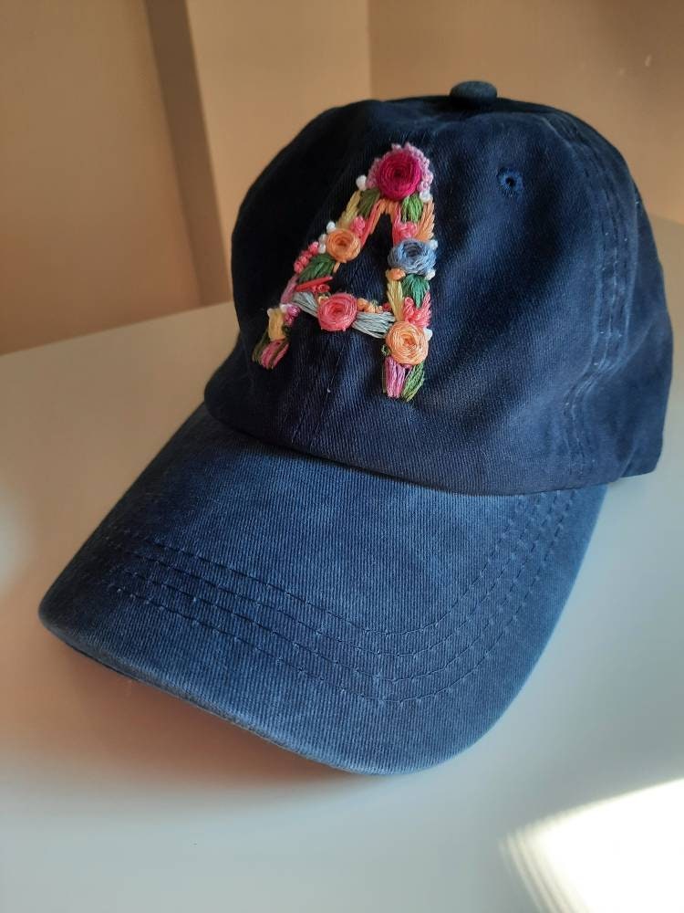 Hand Embroidered Floral Letter Hat: Custom Monogram Baseball Cap - Etsy